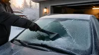Handskbeklädd hand skrapar frost från bilens vindruta