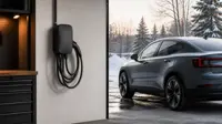 Laddbox med upphängd kabel monterad på en garagevägg