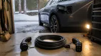 Två laddkontakter och hoprullad kabel vid en elbil