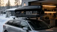 Öppen takbox med packning monterad på en familjebil