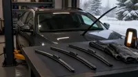 Tre typer av torkarblad bredvid en uppfälld torkararm