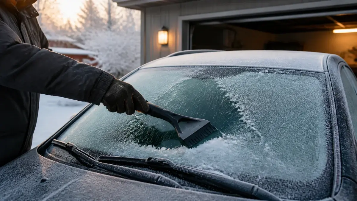 Handskbeklädd hand skrapar frost från bilens vindruta