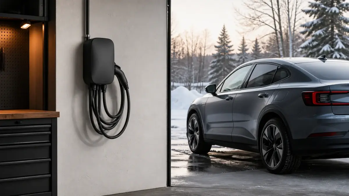 Laddbox med upphängd kabel monterad på en garagevägg