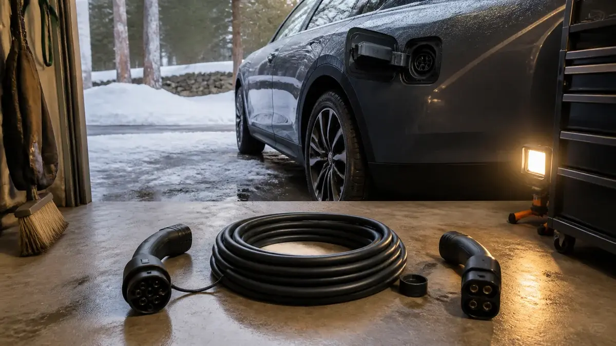 Två laddkontakter och hoprullad kabel vid en elbil