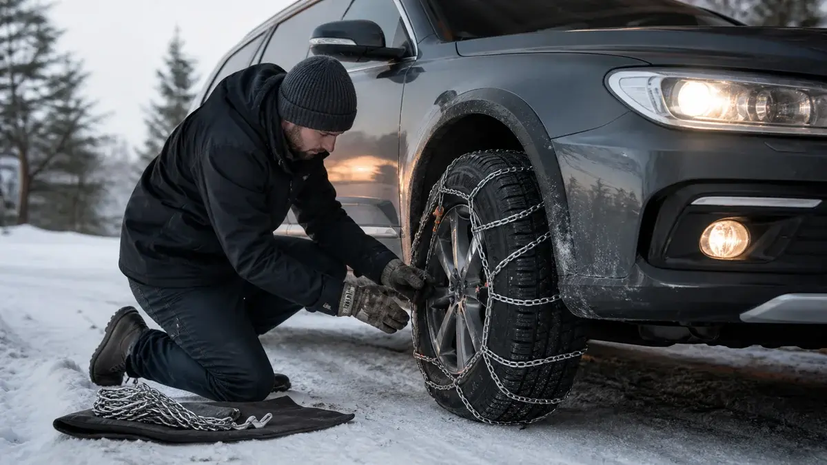 Snökedjor monteras och spänns runt ett vinterdäck