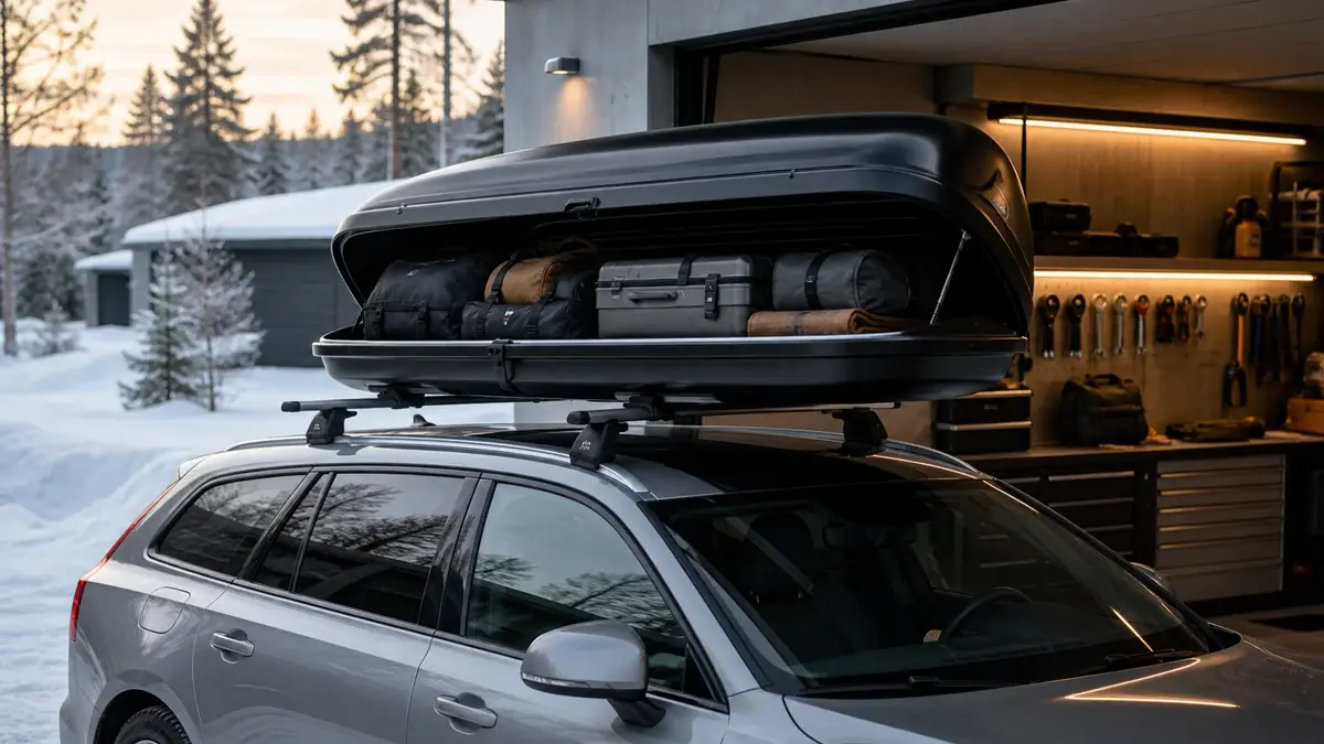 Öppen takbox med packning monterad på en familjebil