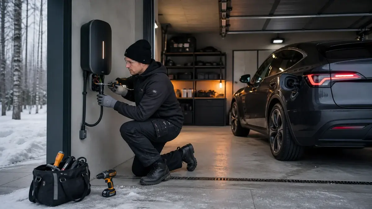 Elektriker installerar en laddbox i ett hemmagarage