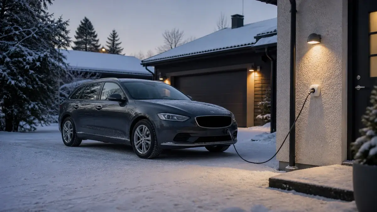 Bil med motorvärmarkabel ansluten på en snöig uppfart